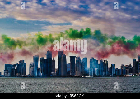 Air Show Doha - bunte Himmel über der Skyline der Stadt während der Air Show der italienischen FRECCE TRICOLORE Stockfoto