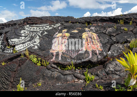 Kalapana, Hawaii - Hawaii royalty abgebildet auf Lava mit dem Slogan, "Wir kommen wieder." Die Zeichnung auf Lava aus dem Jahre 1990 Eruption, die begraben die meisten Stockfoto