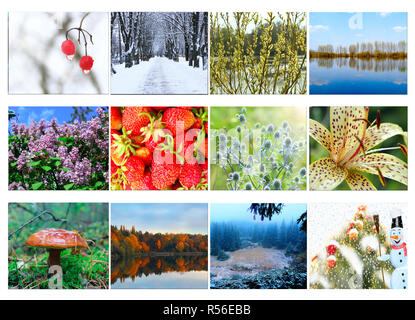 Verschiedene zwölf farbige Bilder der Natur für Kalender. Bereit Foto für den Kalender. Bilder für Kalender. Plakat für Office Stockfoto