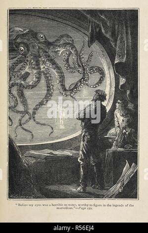 "Vor meinen Augen war ein schreckliches Monster, würdig in den Legenden der wunderbaren' darzustellen. Ein Tintenfisch außerhalb der 'Nautilus'. Professor Pierre Aronnax, Ned Land und Conseil Blick durch ein Bullauge des U-Boots. 20 000 Meilen unter den Meeren. Mit Illustrationen aus dem Französischen übersetzt. Dritte Ausgabe. [Vingt Mille Lieues Sous les Mers]. London: Sampson Niedrig & Co., 1873. Quelle: 12516. g 21 gegenüber 272. Sprache: Englisch. Autor: Verne, Jules. Stockfoto