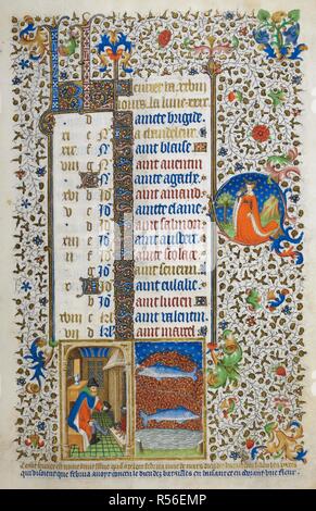 Kalender für Februar. Am unteren Rand zeigt einen alten Mann sich am Feuer wärmte, Fische. Bedford Stunden. c. 1410-1420. Quelle: Hinzufügen. 18850, f 2. Sprache: Latein. Stockfoto