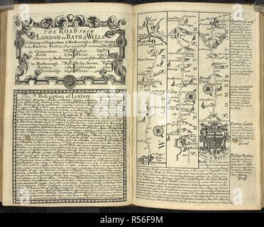 "Der Weg von London nach Bad & Wells'. Hinweise und eine Karte. Britannia Depicta oder Ogilby improv würde; eine korrekte coppy von Herrn Ogilby tatsächlichen Befragung aller Ihr direkter & principal Cross Roads in England und Wales:... London: gedruckt für & verkauft von Tho: Bowles&em Bowen, 1720. Quelle: RB.23.a.22274 Seiten 84-85. Autor: OGILBY, John. Stockfoto