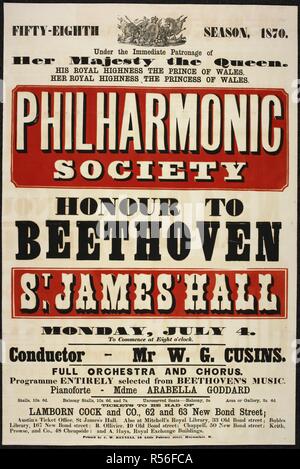 Arabella Davison, nÃ©e Goddard; Pianisten; Frau von J W Davison: Ludwig van Beethoven, Komponist: Plakate für ein Konzert, "Ehre zu Beethoven", einschließlich einer Leistung durch A. Goddard: 1870: gedruckt. Poster Werbung Jahreszeiten und einzelnen Konzerten; 1867-72. [Royal Philharmonic Society Archiv]. London, 1870. Quelle: RPS-MS 323 w.11. Stockfoto
