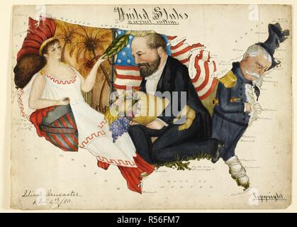 Cartoon Karte, die die US-Präsidentschaftswahl von 1880. Die Gliederung der Vereinigten Staaten ist, die Comic Porträts von James A. Garfield und General Winfield Scott Hancock. Garfield präsentiert eine Fülle an Liberty. . United States, in der Richtigen skizzieren. 19. Quelle: Maps.cc. 5. Ein.229. Autor: LILIAN LANCASTER. Stockfoto