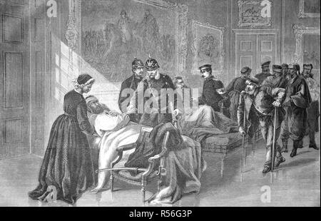 König Wilhelm I. besucht die im Lazarett des Schlosses von Versailles, den deutsch-französischen Krieg 1870/71, Holzschnitt verwundet Stockfoto