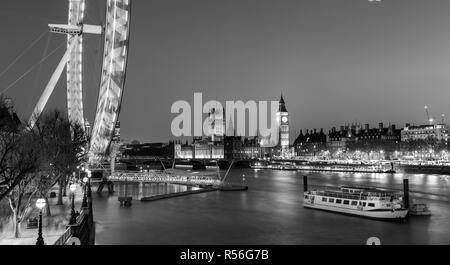 London Eye, Big Ben und Häuser des Parlaments in London, Vereinigtes Königreich. Stockfoto