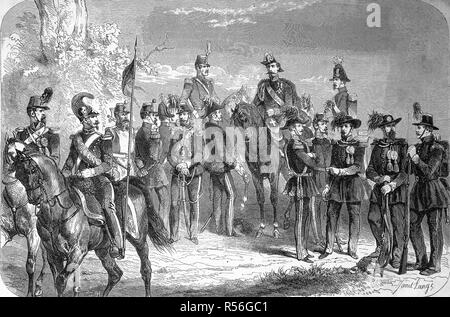Krimkrieg 1853-1856, Soldaten aus Sardinien, Italien mit der neuen Uniformen, Holzschnitt, Italien Stockfoto