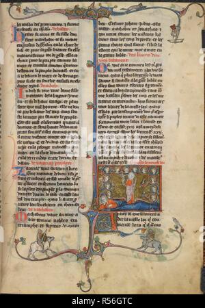 Miniatur mit Beginn des Neuen Testaments, eingerichtete erste 'A' (Pres) und 3-seitig Grenze, in Brunetto Latini Le Livre du TrÃ©sor. Li Livres dou Tresor. Frankreich, N. (Picardie); c. 1315-1325. Quelle: Yates Thompson 19, f 18. Sprache: Französisch. Stockfoto