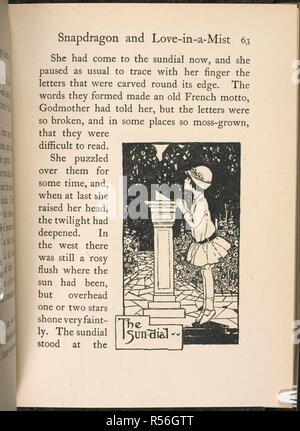 Abbildung: junge Mädchen in einem Garten, auf Zehenspitzen stehend an einer Sonnenuhr zu suchen. Kinder- Geschichte. Godmotherâ € ™ s Garten. Blackie & Sohn: London, England 1918. Godmotherâ € ™ s Garten... Illustrierte... von Florenz Harrison. Blackie & Sohn: London, [1918.] SYRETT, Netta. ... Illustrierte... von Florenz Harrison. Quelle: 12801.b 7 63. Sprache: Englisch. Stockfoto