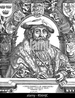 Christian II., 1. Juli 1481, am 25. Januar 1559, wurde König von Dänemark und Norwegen, Holzschnitt, Norwegen Stockfoto