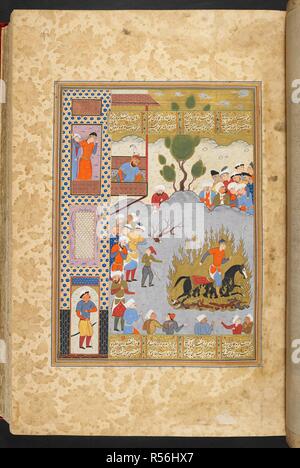 Das Feuer - Zerreißprobe des Siyawush. Shahnama des Firdawsi, mit 56 Miniaturen. 1580 - 1600. Quelle: I.O. Islamische 3540, w.98. Sprache: Persisch. Stockfoto