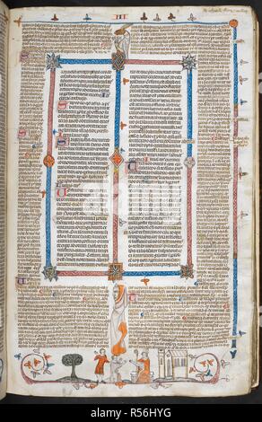 Ein Bas-de-Seite Szene von einem Mann kniet vor einem Bischof. Decretals von Gregor IX mit Glossa o (der "mithfield Decretals"). Frankreich, S. (Toulouse?); im letzten Viertel des 13. Jahrhunderts oder 1. Quartal des 14. Jahrhunderts. Quelle: Royal 10 E.IV, F 169. Sprache: Latein. Autor: Raymond von PeÃ±afort, Editor. Bernhard von Parma, glossator. Stockfoto