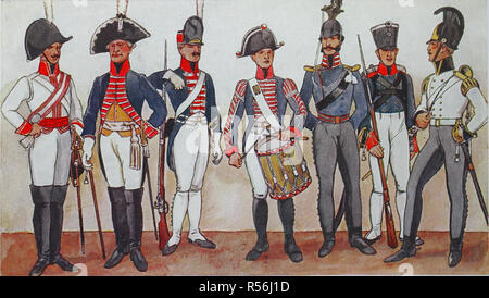 Mode, Kleidung, Uniformen in Europa, preußisches Militär, 1806, Illustration, Deutschland Stockfoto