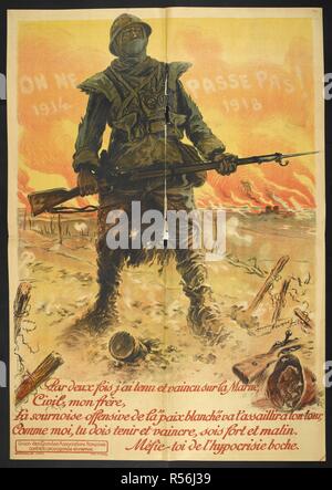 Plakat mit der Darstellung eines französischen Soldaten. Ein Vers bezieht sich auf den Fluss Marne, wo die erste Schlacht an der Marne gekämpft wurde, was zu einem Sieg der Alliierten gegen die deutsche Armee. Die Zweite Schlacht an der Marne im Jahr 1918, war auch ein Sieg der Alliierten. [Eine Sammlung von Englischen und Französischen Krieg (der Erste Weltkrieg) Poster.]. 1914-1919. Quelle: Tab. 11748. a. Poster 322. Stockfoto