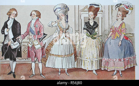 Mode, Kleidung, Trachten in Frankreich in der Zeit von Louis XVI. von 1775 bis 1785, Illustration, Frankreich Stockfoto