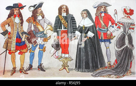 Mode, Kleidung in Frankreich in der Zeit von Louis XIV, Illustration, Frankreich Stockfoto