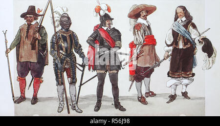Mode, Kleidung in Europa, Krieg Kostüme des 30-jährigen Krieges von 1635-1650, Illustration, Deutschland Stockfoto