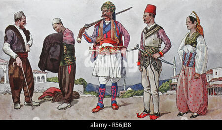 Mode, Kleidung in Albanien rund um das 19. Jahrhundert, Illustration, Albanien Stockfoto