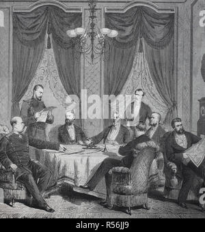 Sitzung der Friedenskonferenz in Frankfurt am Main, 10. Mai 1871, Holzschnitt, Deutschland Stockfoto