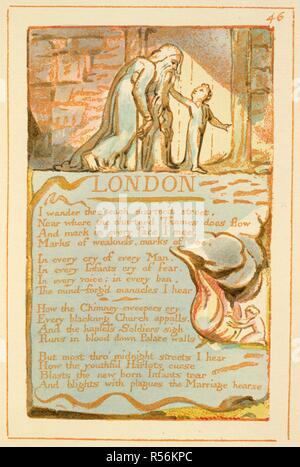 London. Farbig illustrierte Seite. Lieder der Unschuld und Erfahrung. [Ein Faksimile eines coloredand vergoldete Kopie der ersten Edition.]. H. Jung & Söhne: Liverpool, 1923. Quelle: C.71. d., 19., Seite 46. Sprache: Englisch. Autor: Blake, William. Stockfoto