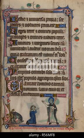 Bas-de-Seite Szene St. Dominikus die Wiederbelebung der Mann, der vom Pferd fiel, mit Bildunterschrift lesen, "Cy seint Dominic resuscita de Mort ein vye'. Buch der Stunden, Verwendung von Sarum (die "taymouth Stunden"). England, S.E.? (London?); 2. Quartal des 14. Jahrhunderts. Quelle: Yates Thompson13, f 190. Sprache: Latein und Französisch. Stockfoto