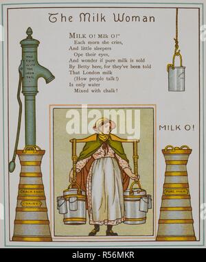 Die Milch Frau. Ein mil Verkäufer von Chalk Farm Dairy. Abbildung von â € "London Stadt €™. London Town. Marcus Ward & Co.: London, 1883. Bild von: London Town. Verse von Felix Leigh. Quelle: 12805.9, Seite 33. Thema: Kran, Thomas. Stockfoto