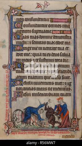 Bas-de-Seite Szene einer Frau von ihrem Pferd, der stolpert, und der Teufel ihr Handgelenk zu fangen, aber die Jungfrau Maria bricht die Devil€ ™ s Hals, mit Bildunterschrift lesen, â € "Cy n [Ost] Re Dame ru [m] pe Le Col dun deable q [ue] voleyt avoyt rumpu Le Col dune Dame q [ue] fu sa servaunteâ €™. Buch der Stunden, Verwendung von Sarum (die "taymouth Stunden"). England, S.E.? (London?); 2. Quartal des 14. Jahrhunderts. Quelle: Yates Thompson 13, w.166 v. Sprache: Latein und Französisch. Stockfoto