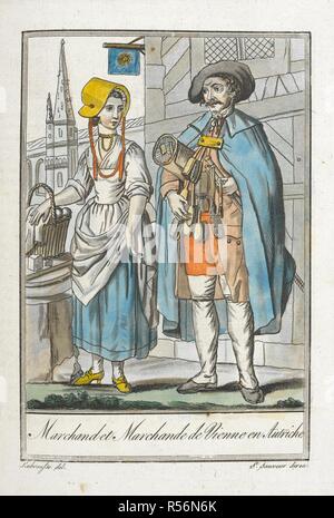 Marchand et Marchande de Vienne en Autriche. Ein Mann und eine Frau Kaufmann von Wien, Österreich. EncyclopeÌdie des Voyages, Contenant l'abreÌgeÌ Historique de mÅ" Urs ...de tous les peuples et la collection complette de leurs habillemens civils, Militaires, dignitaires religieux et, d'dessineÌs apreÌ € s Natur,... et colorieÌs aÌ € l'Aquarelle. Paris, 1796. Quelle: 1259) b) 13-17, Tom. 2 Platte 46. Sprache: Französisch. Autor: GRASSET DE SAINT-SAUVEUR, Jacques. Stockfoto