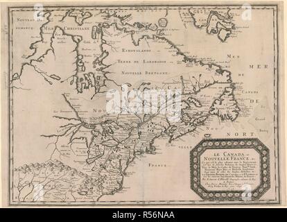Eine Karte des östlichen Kanada nach Süden ausgedehnt zu den Appalachen. LE CANADA OU NOUVELLE FRANCE, &c. Ce qui est le plus advancÃ © vers Le Septentrion est tirÃ©e de diverses Beziehungen des Anglois, Danois, &c. Vers le Midy Les Costes de Virginie, Nouvlle Wildleder, Nouveau Pays Bas et Nouvelle Angleterre sind tirÃ©es de Celles de Anglois, Hollandois, &c. LA GRANDE RIVIERE DE KANADA ou de St. LAURENS, et tous les Umgebung sind suivants les Relations des Francois. Paris: Pierre Mariette, Rue S. Jacque a l'Esperance, 1656. Quelle: Karten K. Top. 119,1. Sprache: Französisch. Autor: Sanson, N. Stockfoto