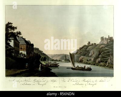 Boote außerhalb ein Gasthaus mit Blick auf den Rhein im Vordergrund auf der linken Seite, mit Ruinen der Burgen Liebenstein und Sterrenberg auf der gegenüberliegenden Bank auf der rechten Seite und das Franziskaner Kloster Kloster Bornhofen im Hintergrund. Ansicht des Klosters Bornhofen, und der SchlÃ¶sser Liebenstein und Sternenfels=Vue du Couvent de Bornhofen et des chÃ¢teaux de Liebenstein & Sternenfels. Wien: bey Artaria Comp., [1798] handkolorierte Radierung. Quelle: Karten 6.Tab.12, Platte 21. Sprache: Deutsch und Französisch. Autor: Ziegler, J. Stockfoto