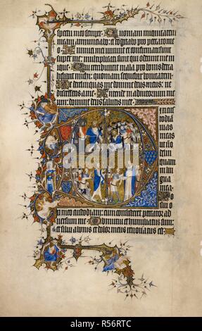 Incipit des Psalms 38, erste 'D', mit vier Szenen; Saul in Höhle zu Engedi; David schneidet den Zipfel Sauls; David zu Saul, David schwört auf Saul [1 Samuel 24, 3-4, 8,22]. Der Margen, Musiker spielen von Instrumenten wie Harfe und Geige. Bohun Psalter und Stunden. England; zwischen 1361 und 1373. Quelle: Egerton 3277, w., 29 v. Sprache: Latein. Stockfoto