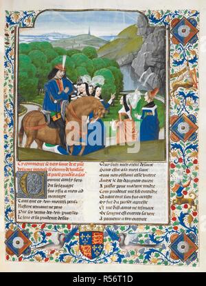 Miniatur der Autor, Jean de Courcy, durch Tugenden verlassen den Wald der Versuchung begleitet. Eine Grenze, die die Arme von Edward IV und drei Rauten mit einer weißen Rose der York-Familie, und der Yorkist Abzeichen 'Dieu et Mon droit", die zu Beginn von Buch 3. Le Chemin de Vaillance, und andere Texte. Niederlande, S. (Brügge); im letzten Viertel des 15. Jahrhunderts, vor 1483. Quelle: Royal 14 E.II, 194. Sprache: Französisch. Stockfoto