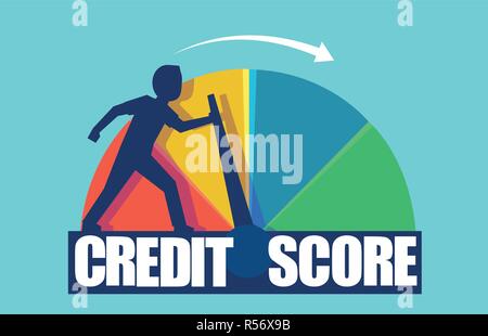 Credit Score Konzept. Vektor eines Geschäftsmannes drücken Skala ändern Kredit Informationen von schlecht bis gut. Stock Vektor