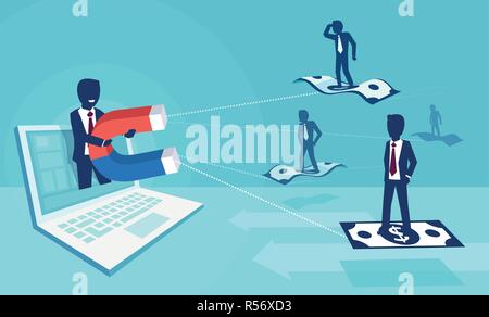 Die on-line-Geschäft Kunden Konzept. Der Vektor der ein Geschäftsmann mit Magnet für Menschen und Geld auf Social Media Plattform Stock Vektor