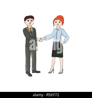 Geschäftsfrau (Mädchen, Frau) schüttelt Hände mit einem Geschäftsmann (Junge, Mann). Vector Farbe Abbildung: Stock Vektor