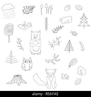 Skandinavischen Wald von Elementen. Schwarz und Weiß. Vector Illustration. Stock Vektor