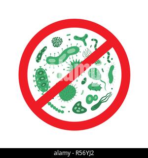 Antibakterielle und antivirale Verteidigung Symbol. Stop Bakterien und Viren Verbotsschild. Antiseptikum. Stock Vektor
