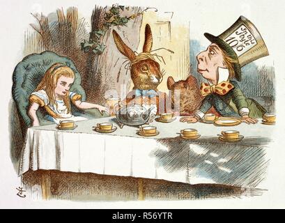 Tea Party des Mad Hatter. Die Baumschule: Alice,: Mit zwanzig en gefärbt. Macmillan & Co.: London, 1890. Quelle: Cup. 410. g 74, 39. Sprache: Englisch. Autor: TENNIEL, John. Carroll, Lewis, pseud. [D. h. Charles Lutwidge Dodgson]. Stockfoto