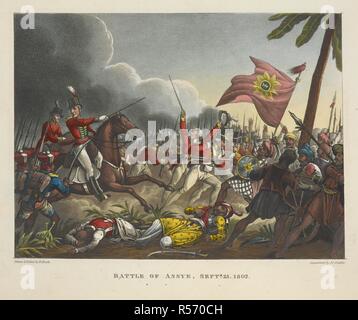 Schlacht von Assye, 23. September 1802. Die Schlacht von Assaye war einer großen Schlacht des Zweiten Anglo-Maratha Krieg. Die Kriege von Wellington, eine Erzählung Gedicht. ... Mit ... Gravuren farbige... Von Dr. S. London, 1819. Quelle: 838. m. 7 Platte 4, Seite 21. Autor: Heide, WILLIAM. Stadler, J. C. Stockfoto