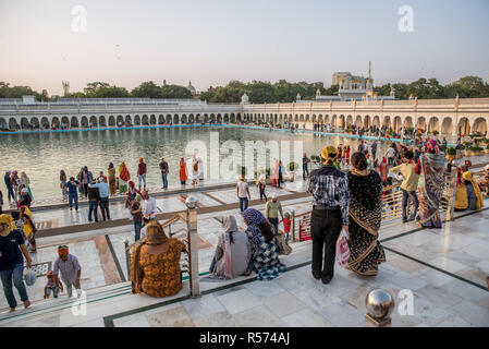 Die Gläubigen an der Sandovar Pool der Gurudwara Bangla Sahib Sikh Haus der Anbetung, Delhi, Indien Stockfoto