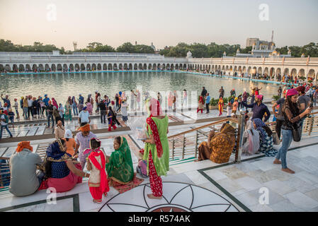 Die Gläubigen an der Sandovar Pool der Gurudwara Bangla Sahib Sikh Haus der Anbetung, Delhi, Indien Stockfoto