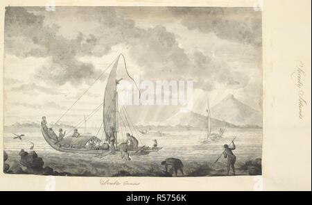 Gesellschaft Inseln. 1 Kanus. . Eine Sammlung von Zeichnungen von A. Buchan, S. Parkinson, und J. F. Miller, in den Ländern, die von Captain James Cook auf seiner ersten Reise [1768-1771] besucht, auch der Drucke in John's Hawksworth Voyages von Biron [Byron], Wallis, und Kochen [1773] veröffentlicht, sowie in der zweiten und dritten Cook Voyages [1772-1775, 1776-1780]. 1768-1780. Quelle: Hinzufügen. 23921 f 12. Sprache: Englisch. Stockfoto