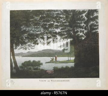Blick auf Windermere. Ein Blick über den See Windermere in Cumbria. Die Vordergrund von Bäumen eingerahmt; die Zahlen in der mittleren Boden; ein Segelboot und Hügel in der Ferne. . Blick auf Windermere. /Gezeichnet von W. Grün; Aquatinted von T.Thornton. Zwischen 1790-1820]. 1 Drucken: aquatinta und Ätzen mit hand-Färbung; plattenrand 24,7 x 29,9 cm, auf Blatt 26,8 x 32 cm. Quelle: Karten K... ich 43.16. Autor: GREEN, WILLIAM. Stockfoto