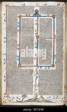 Ein Bas-de-Seite Szene von zwei Kaninchen Bindung eines Hundes. Decretals von Gregor IX mit Glossa o (der "mithfield Decretals"). Frankreich, S. (Toulouse?); im letzten Viertel des 13. Jahrhunderts oder 1. Quartal des 14. Jahrhunderts. Quelle: Royal 10 E.IV, w.62 v. Sprache: Latein. Autor: Raymond von PeÃ±afort, Editor. Bernhard von Parma, glossator. Stockfoto