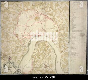 Ein Plan der Stadt Surat. "Plan de la Ville de Surat, leveÌ l'anneÌe 1753, par de Glanz;' auf einer Skala von 480 Meter zu einem Zoll gezeichnet. 1753. Quelle: Karten K. Top. 115.56. Sprache: Englisch und Französisch. Stockfoto