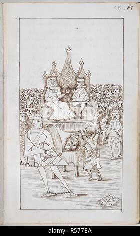 Versuch der Bube der Herzen. Alices Abenteuer im Wunderland unter der Erde []. England [Oxford]; 1862-1864. [Ganze folio] Zeichnung von Kapitel III: Bei der Gerichtsverhandlung, die Bube der Herzen steht vor dem König und der Königin, als das weiße Kaninchen klingt eine Fanfare auf seiner Trompete Bild von Alice's Adventures in Wonderland unter der Erde [] genommen. Ursprünglich veröffentlicht in England [Oxford] hergestellt; 1862-1864. . Quelle: Hinzufügen. 46700, f 45. Sprache: Englisch. Autor: Charles Lutwidge Dodgson,. Charles Lutwidge Dodgson,, pseud. Lewis Carroll. Stockfoto