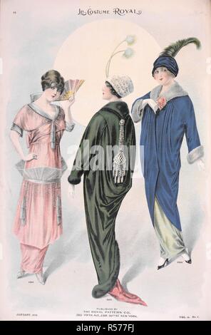 Mode Schild mit Kleidung für Frauen. Le kostüm Royal. New York, 1914. Quelle: Le kostüm Royal, Band 14, Nr. 4, Seite 26, Januar 1914. Stockfoto