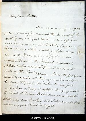 Brief von Lord Nelson. Nelson Papers, Vol.Lxxxvii. Jamaika [Kingston]; 1778. [Ganze folio] Autogramm Schreiben vom Lord Nelson zu seinem Vater, der Pfarrer Edmund Nelson, über den Tod seines Onkels, Maurice Saugen, Comptroller der Marine. H.M.S. Bristol, Port Royal Harbour, 24. Oktober 1778 Bild von Nelson Papers, Vol.Lxxxvii. Ursprünglich veröffentlicht in Jamaika [Kingston] produziert; 1778. . Quelle: Hinzufügen. 34988, f 6. Sprache: Englisch. Stockfoto