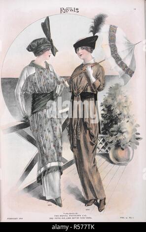 Mode Schild mit Kleidung für Frauen. Le kostüm Royal. New York, 1914. Quelle: Le kostüm Royal, Band 18, Nr. 5, Seite 19, Februar 1914. Stockfoto