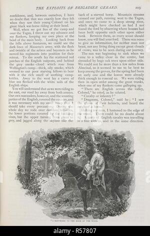 Brigadier Gerard auf dem Pferd in einem Wald. The Strand Magazine: Eine illustrierte monatlich. London: George Newnes, 1891-1950. Quelle: S. S. 6004. glk, August 1895, Seite 203. Sprache: Englisch. Stockfoto